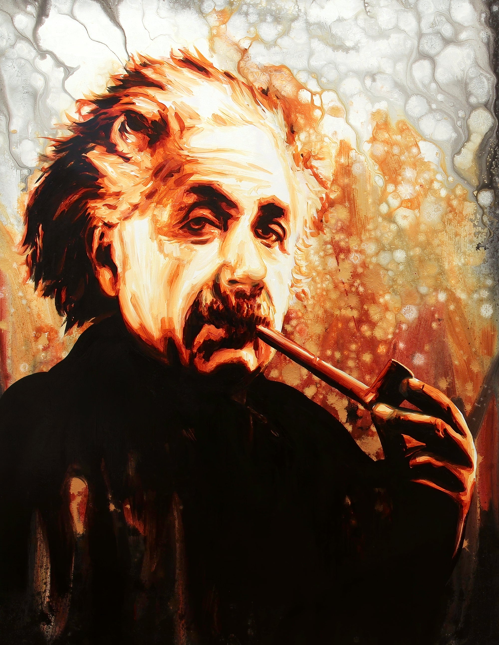 A painting of Albert Einstein smoking a pipe against an orange and fire toned marbled background