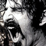 A black and white painting of Frank Zappa singing into a microphone, closely cropped with a gold and bronze swirl background