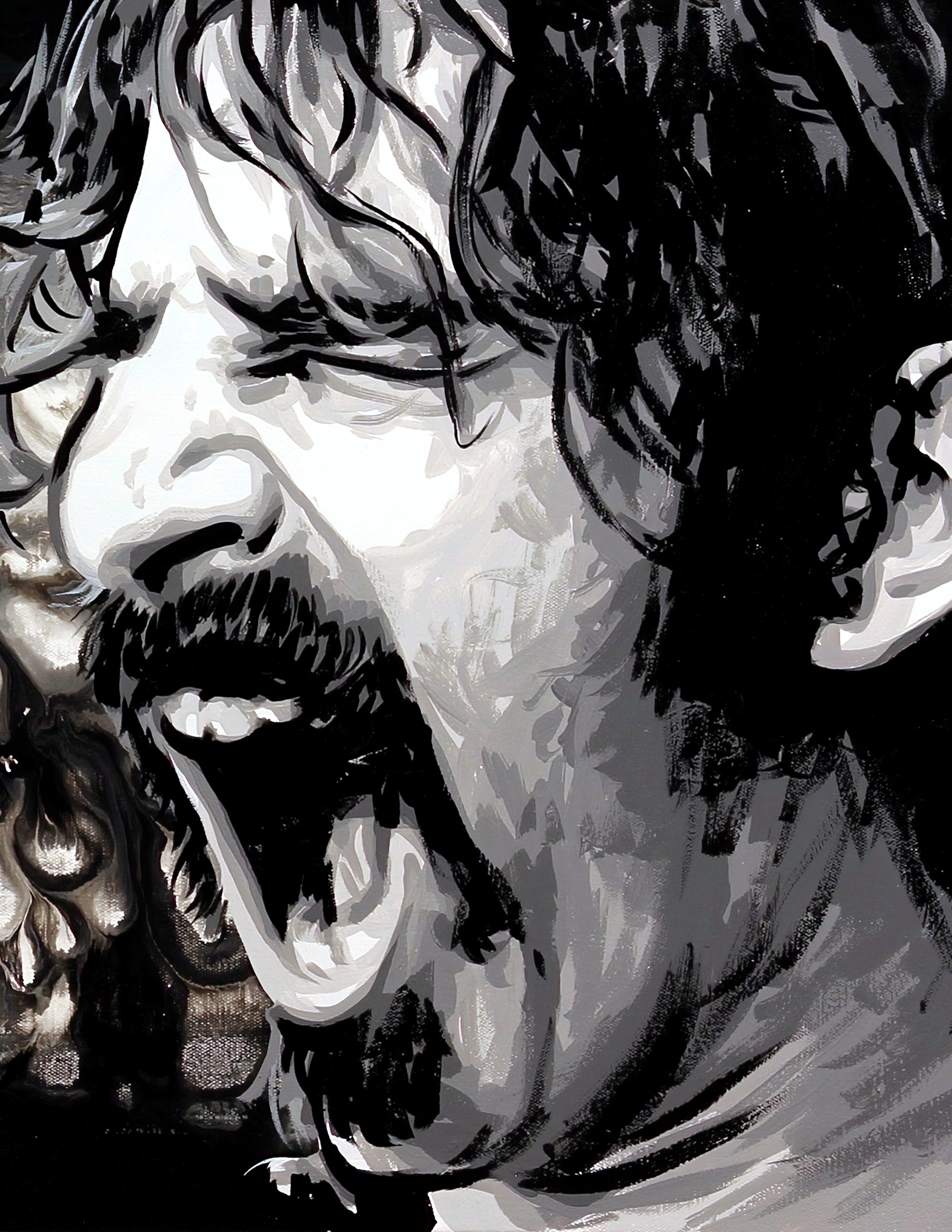 A black and white painting of Frank Zappa singing into a microphone, closely cropped with a gold and bronze swirl background
