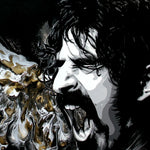 A black and white painting of Frank Zappa singing into a microphone with a gold and bronze swirl background