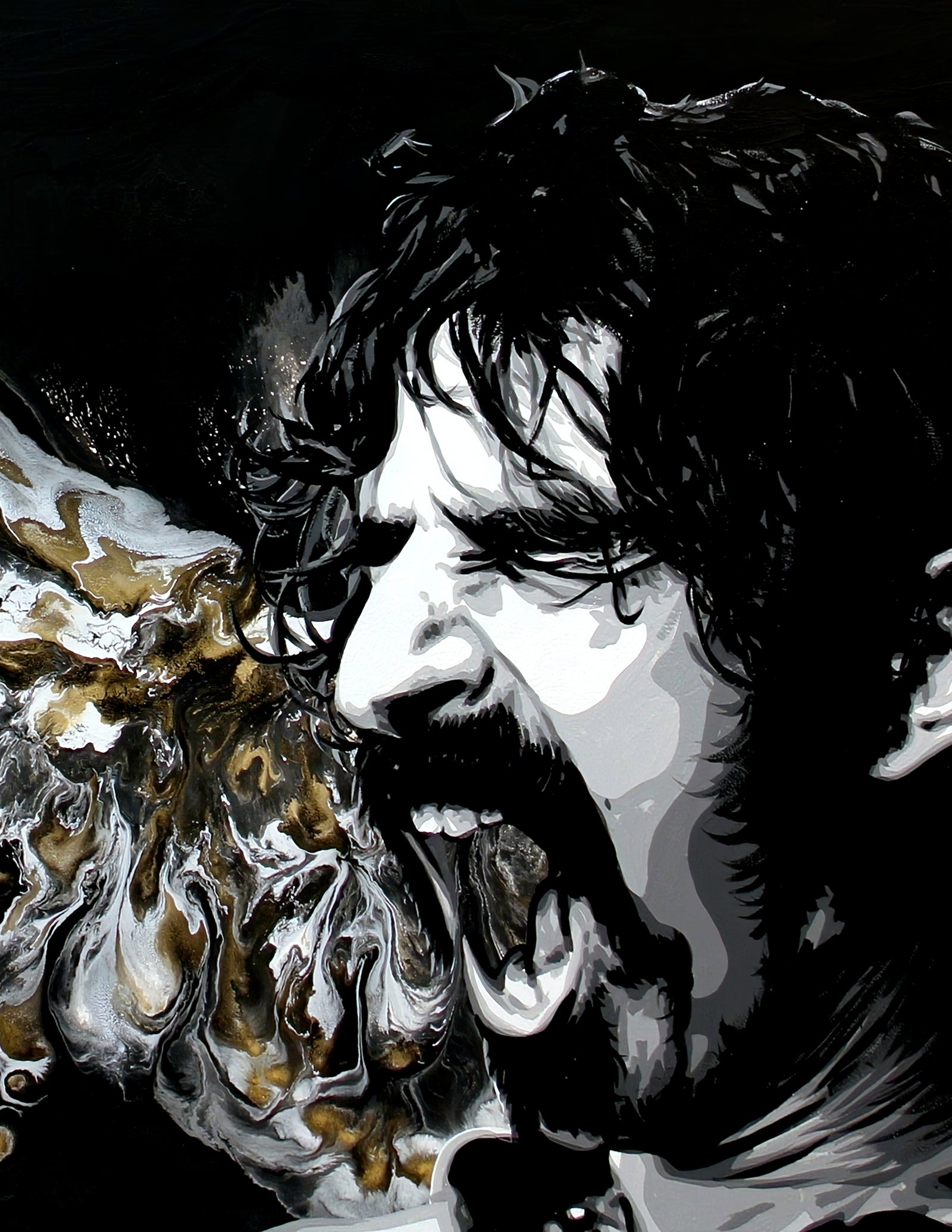 A black and white painting of Frank Zappa singing into a microphone with a gold and bronze swirl background