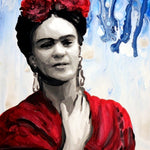 A painting of Frida Kahlo wearing a red flower crown and shawl against a blue swirl background