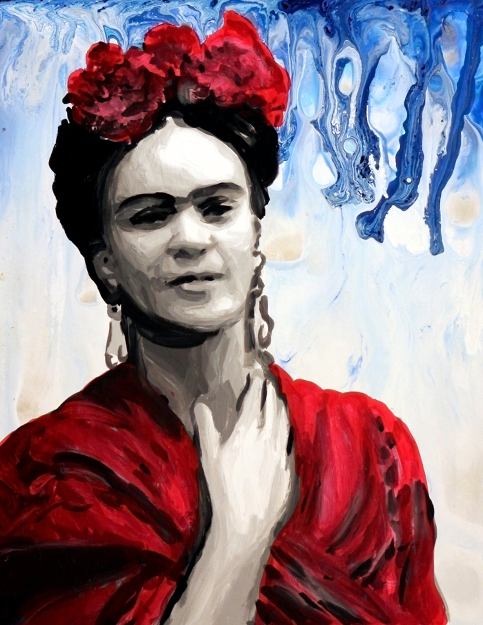 A painting of Frida Kahlo wearing a red flower crown and shawl against a blue swirl background