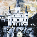 A painting of three alligators in a jazz marching band in front of the St Louis Cathedral in Jackson Square New Orleans