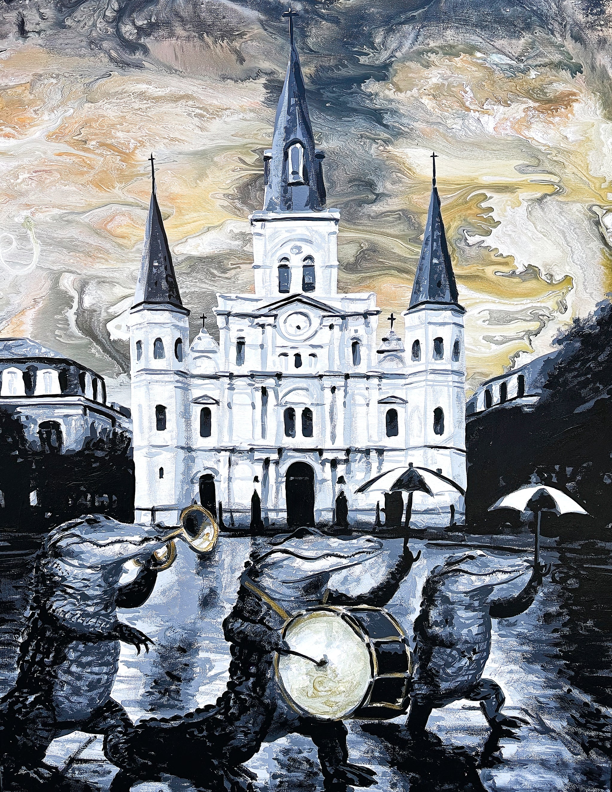 A painting of three alligators in a jazz marching band in front of the St Louis Cathedral in Jackson Square New Orleans