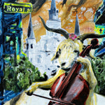 A painting of a goat wearing a flower while playing a cello on Royal Street with a cathedral in the background