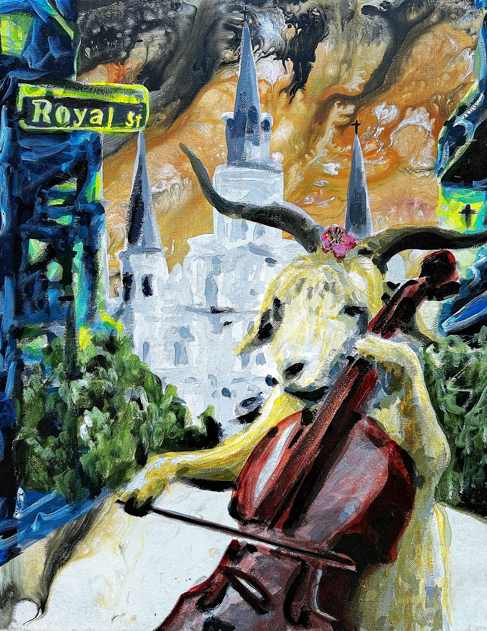 A painting of a goat wearing a flower while playing a cello on Royal Street with a cathedral in the background