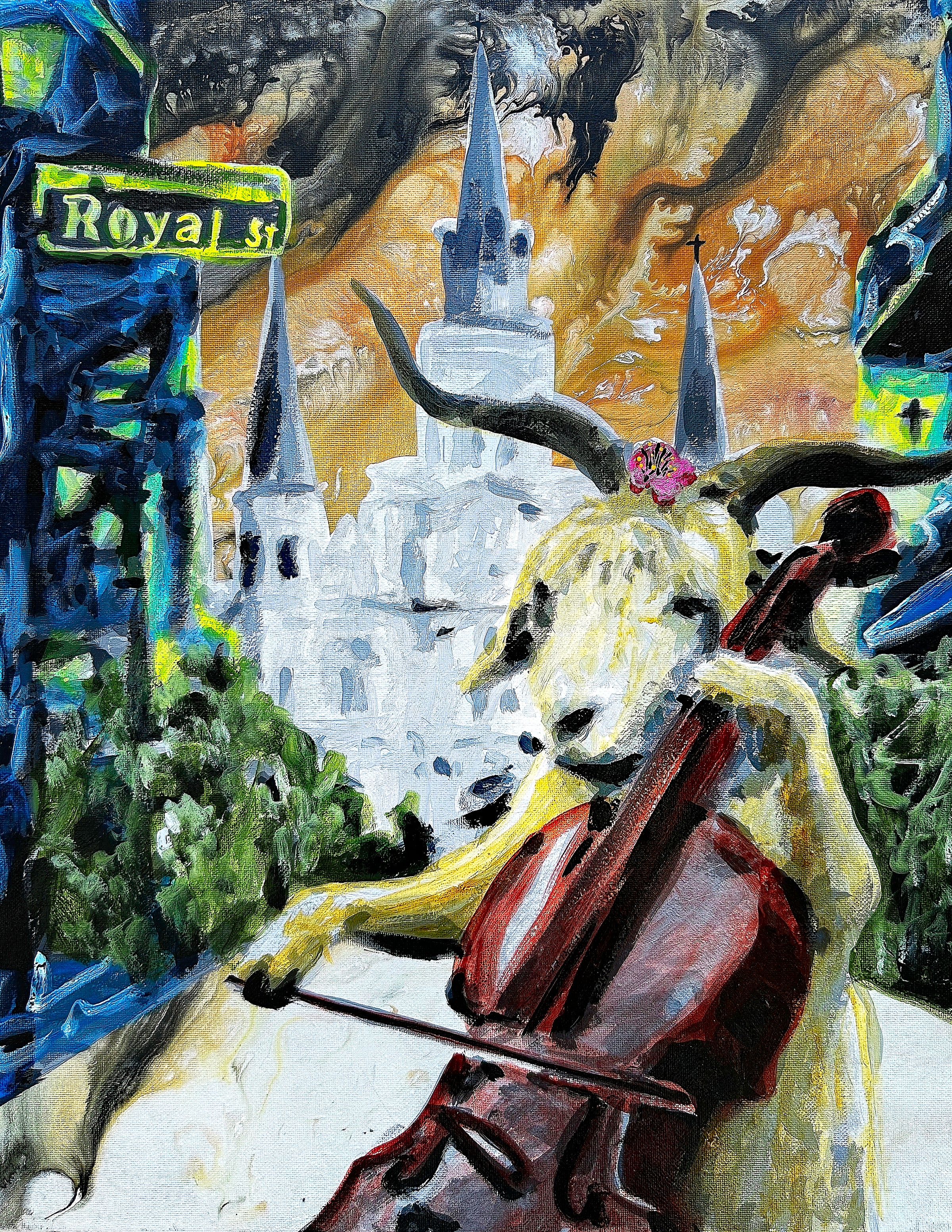 A painting of a goat wearing a flower while playing a cello on Royal Street with a cathedral in the background