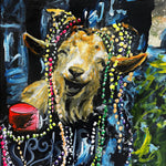 Draped in colorful beads, this goat is dressed for Mardi Gras in Ocean Clark's festive print.