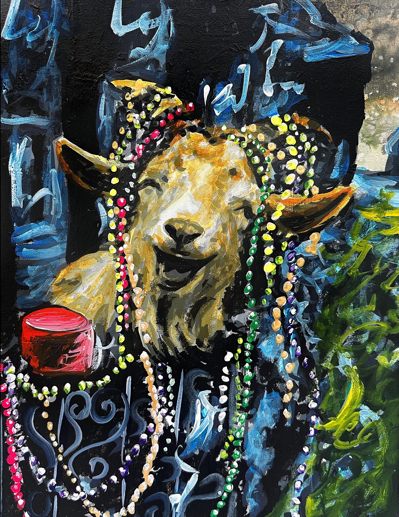 Draped in colorful beads, this goat is dressed for Mardi Gras in Ocean Clark's festive print.