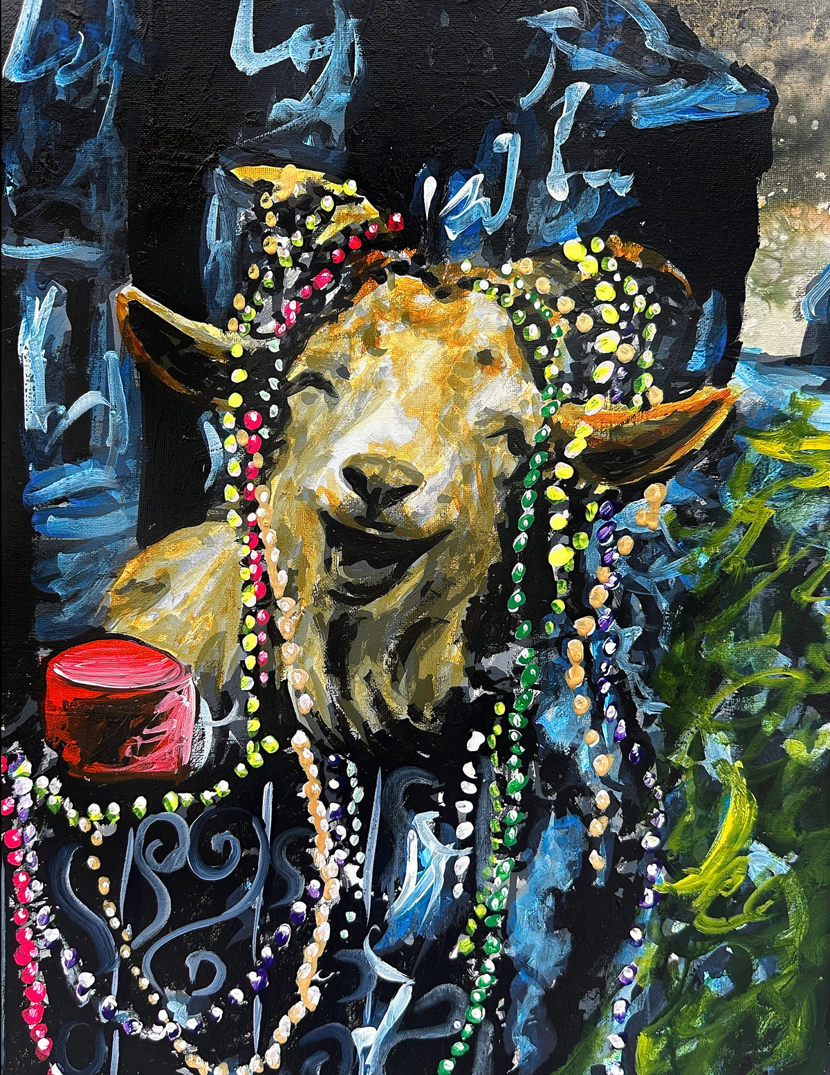 Draped in colorful beads, this goat is dressed for Mardi Gras in Ocean Clark's festive print.