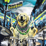 This painting captures a golden Labrador keeping the beat behind a drum kit, full of rhythm and joy.