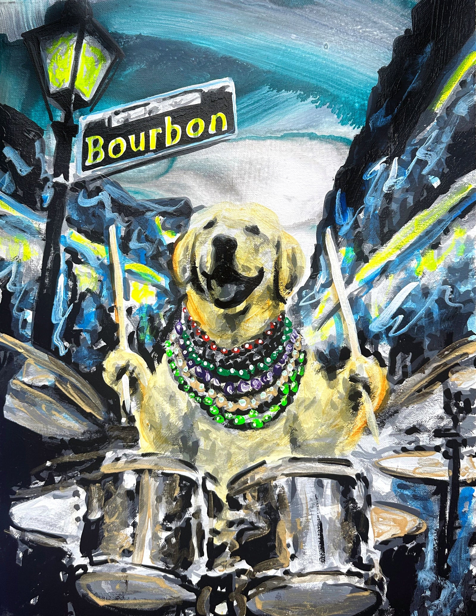 This painting captures a golden Labrador keeping the beat behind a drum kit, full of rhythm and joy.