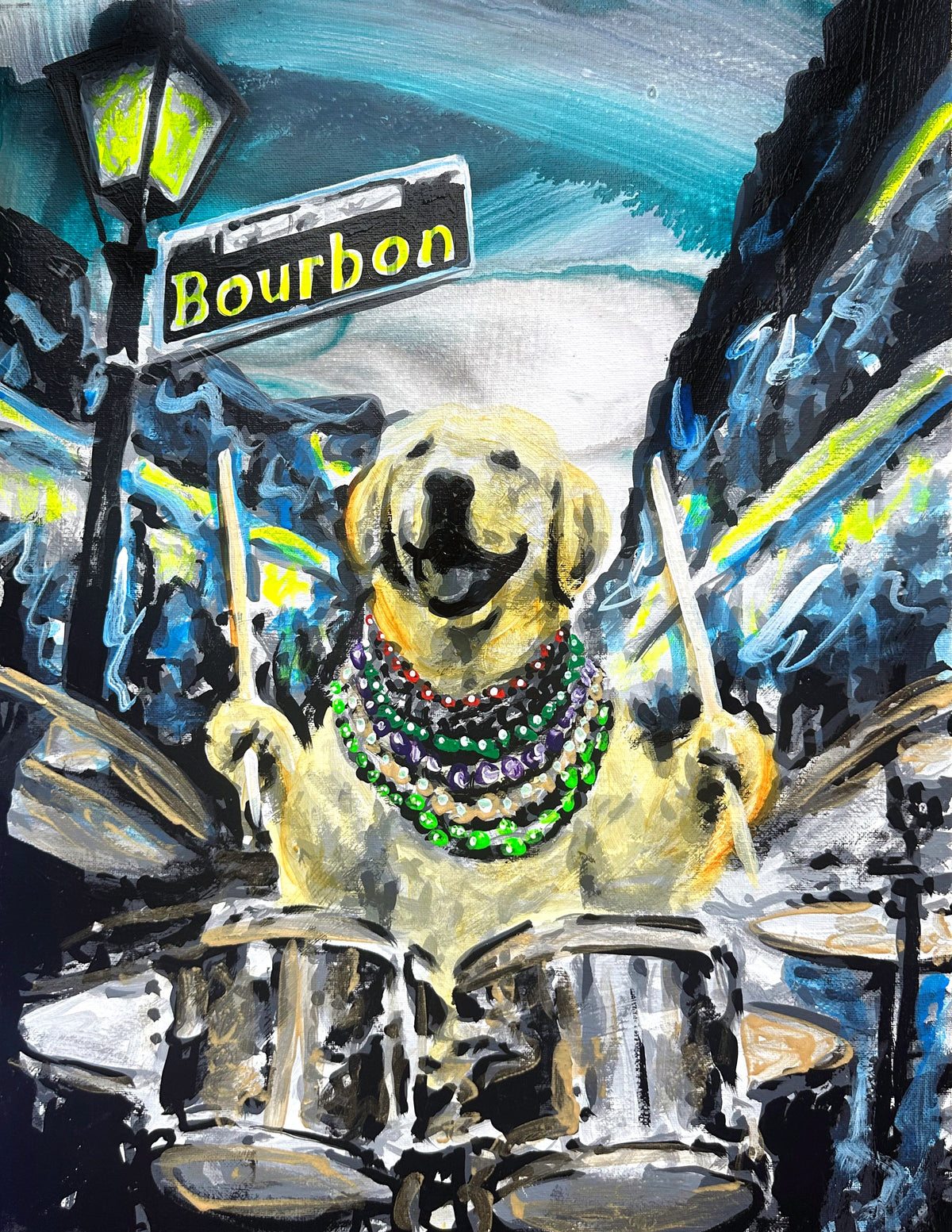 This painting captures a golden Labrador keeping the beat behind a drum kit, full of rhythm and joy.