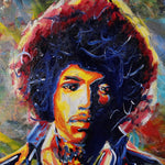 A psychedelic painting of Jimi Hendrix with an afro in bold blue, yellow, and red brushwork