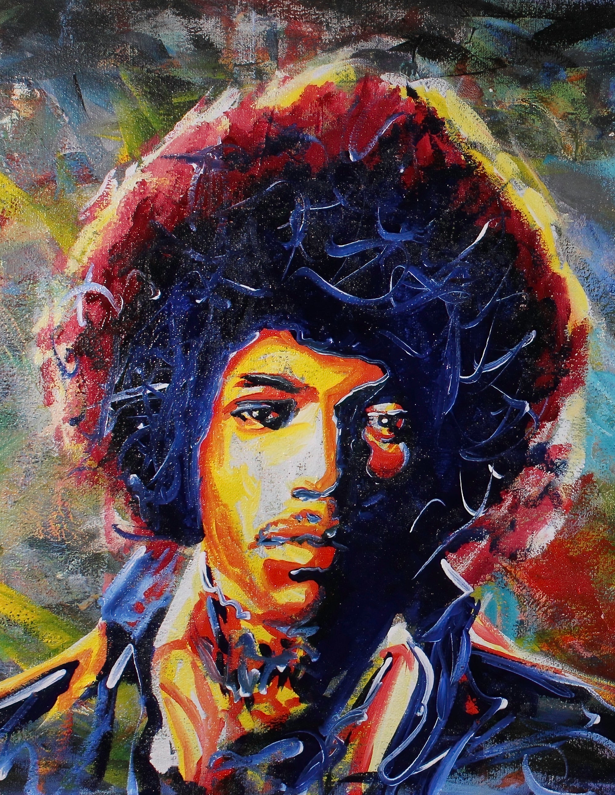 A psychedelic painting of Jimi Hendrix with an afro in bold blue, yellow, and red brushwork