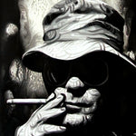 A black and white painting of Hunter S Thompson wearing a bucket hat and sunglasses