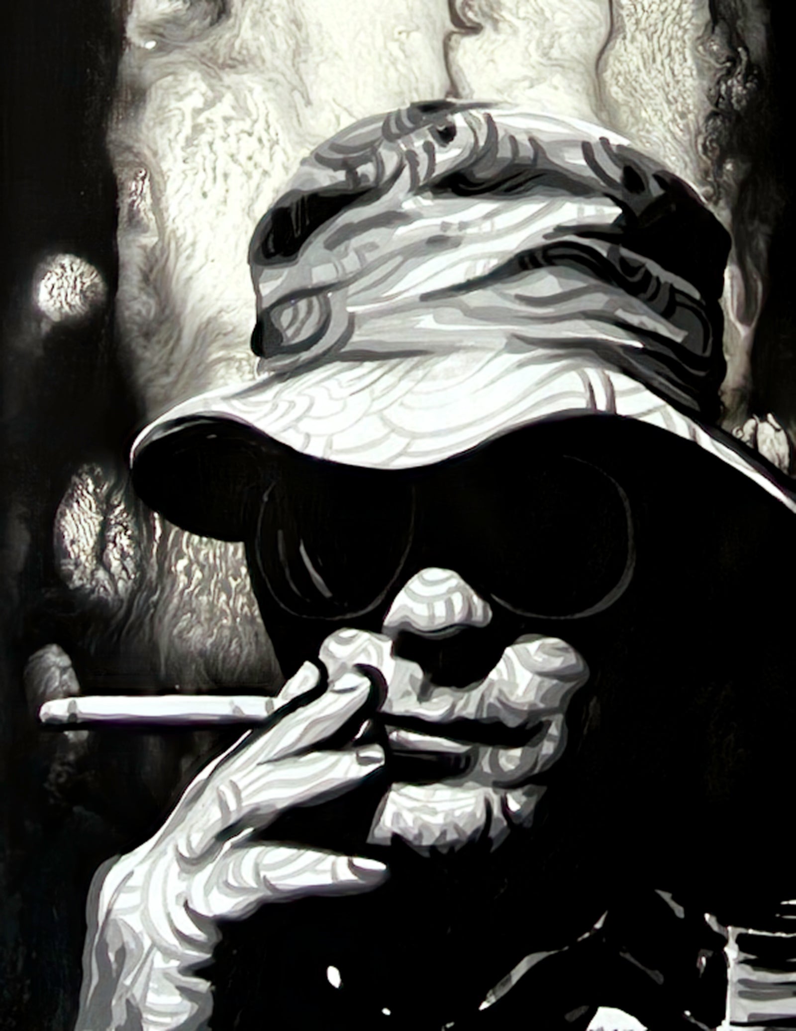 A black and white painting of Hunter S Thompson wearing a bucket hat and sunglasses