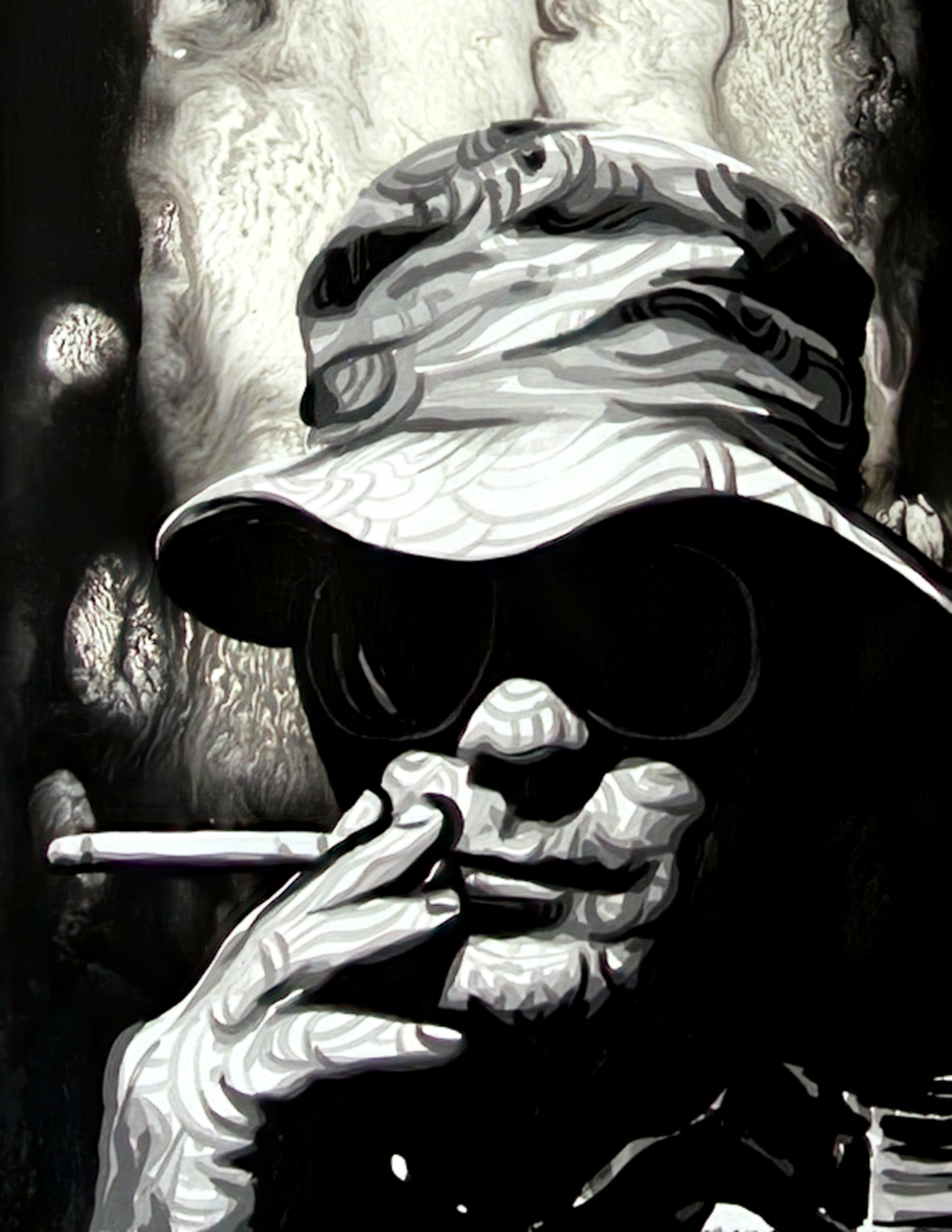 A black and white painting of Hunter S Thompson wearing a bucket hat and sunglasses