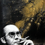A painting of Hunter S Thompson wearing glasses and holding a cigarette holder against a gold and black marbled background