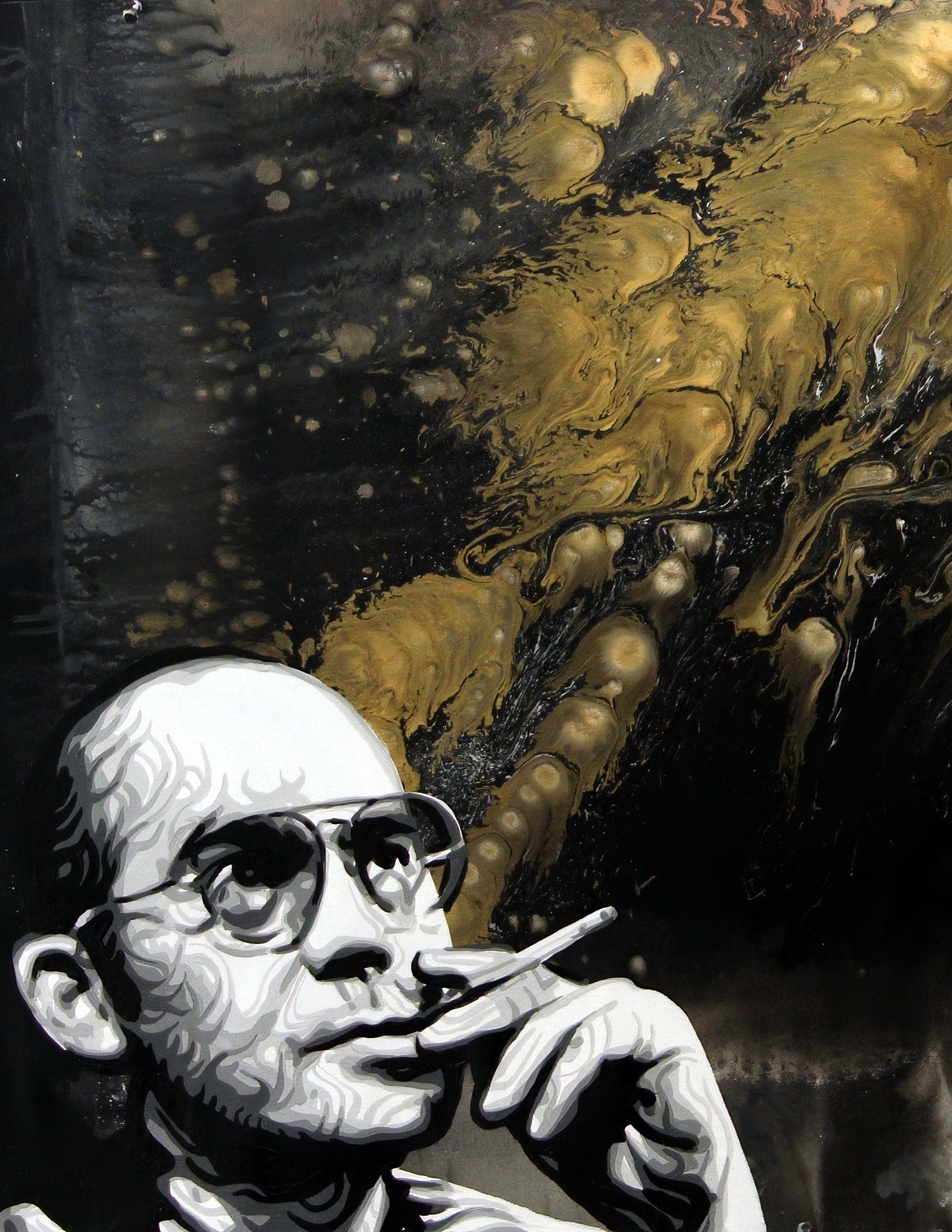 A painting of Hunter S Thompson wearing glasses and holding a cigarette holder against a gold and black marbled background