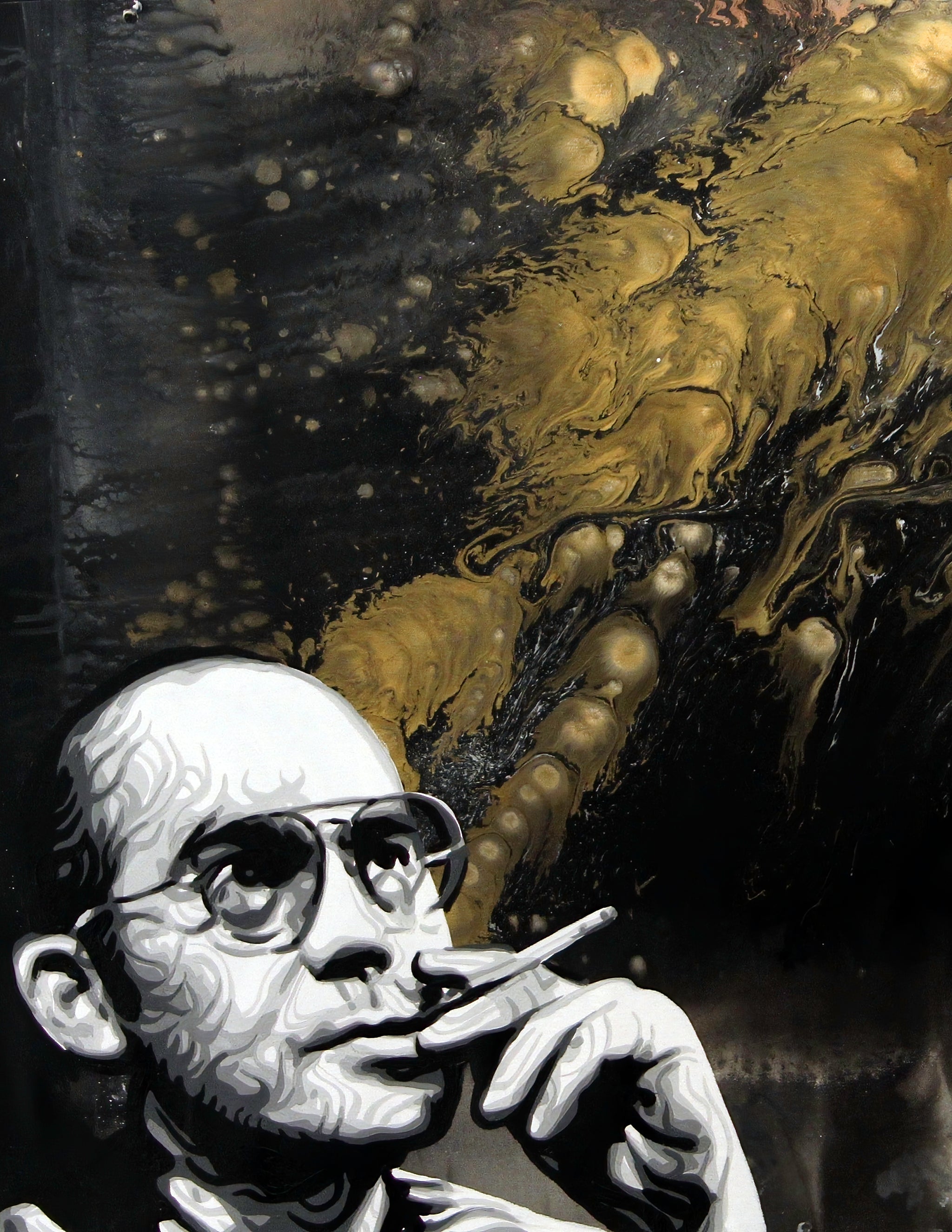 A painting of Hunter S Thompson wearing glasses and holding a cigarette holder against a gold and black marbled background