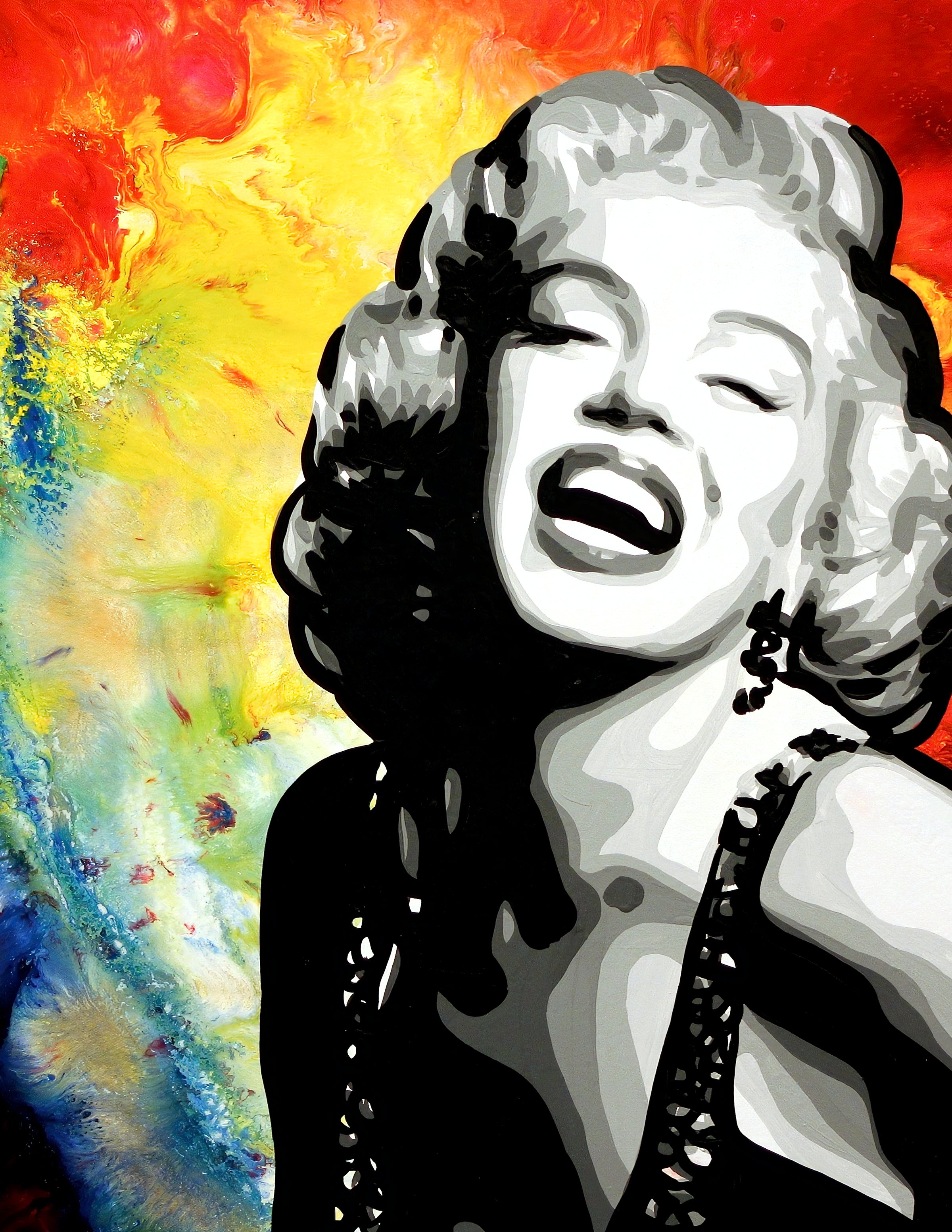 A painting of Marilyn Monroe laughing joyfully with her head tilted back against a red, yellow, and blue background