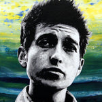 A painting of Bob Dylan with spiky hair and a serious expression against a green, blue, and yellow swirl background