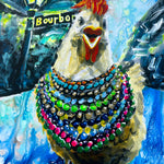 Chicken in Mardi Gras Beads, a colorful hand-painted New Orleans artwork by Ocean Clark