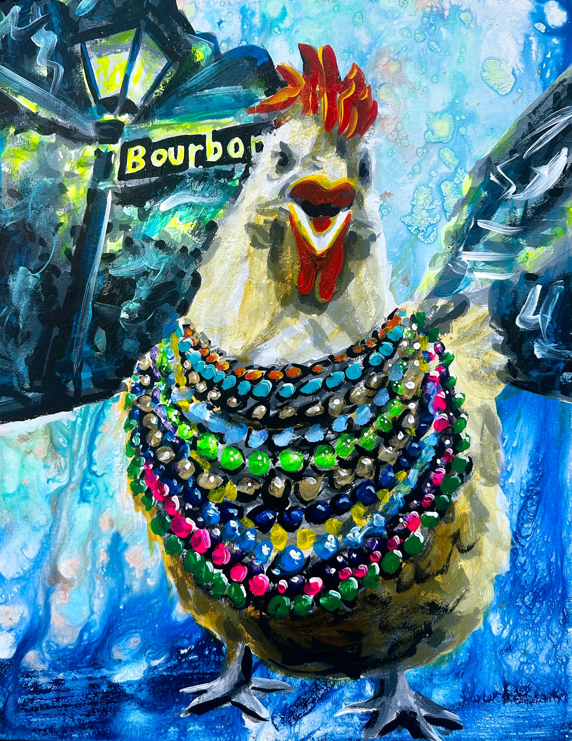 Chicken in Mardi Gras Beads, a colorful hand-painted New Orleans artwork by Ocean Clark