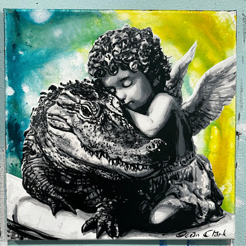 Cherub with Alligator original 18x18 painting