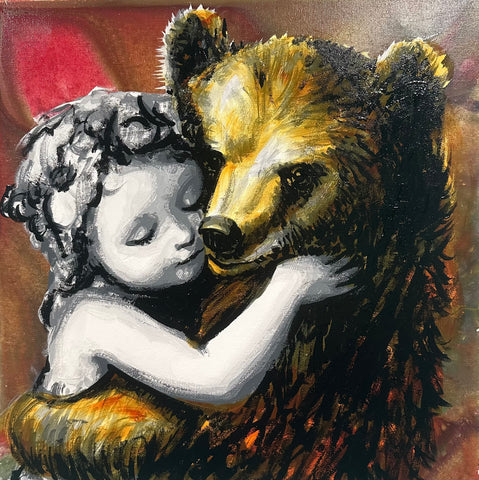 Cherub with Bear original 18x18 painting