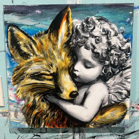 Cherub with Fox original 18x18 painting