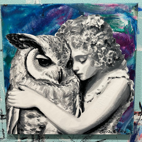 Cherub with Owl original 18x18 painting