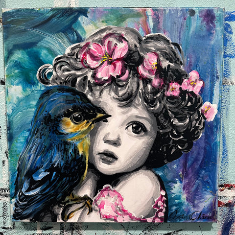Cherub with Bird original 18x18 painting