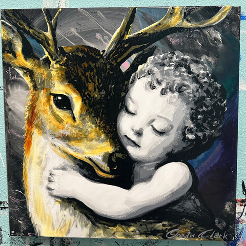 Cherub with Deer original 18x18 painting