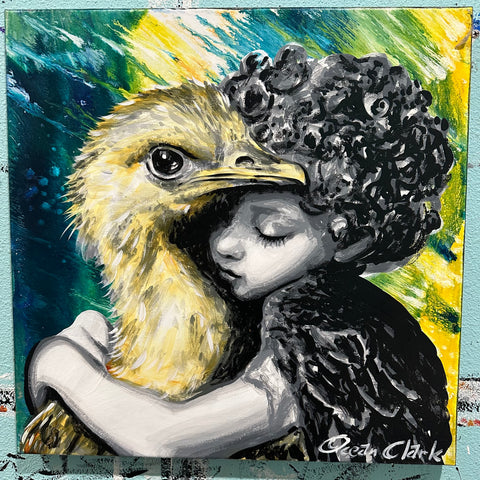 Cherub with Emu original 18x18 painting