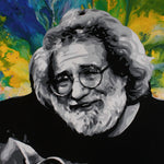 A painting of Jerry Garcia wearing round glasses against a blue, green, and yellow swirl background