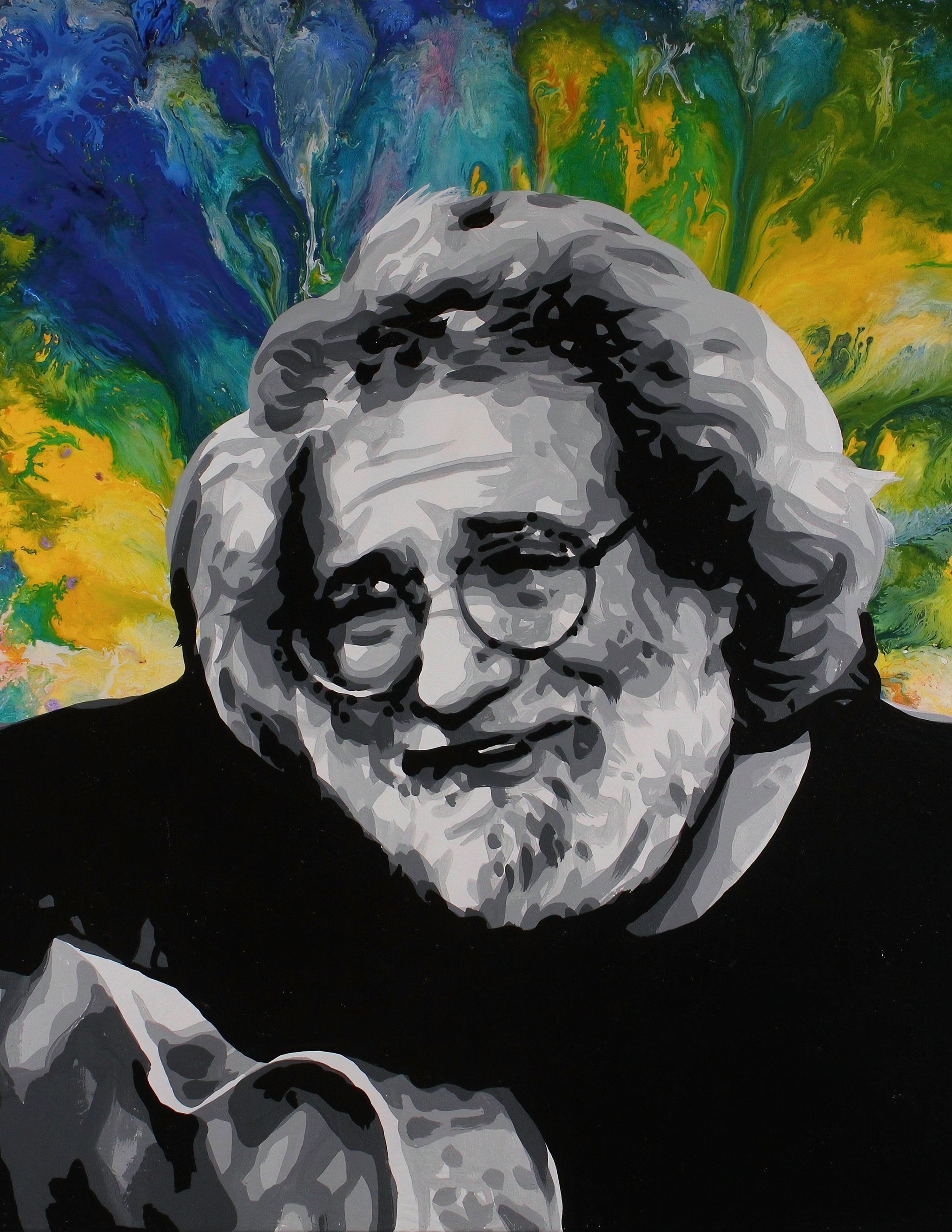 A painting of Jerry Garcia wearing round glasses against a blue, green, and yellow swirl background