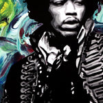 A black and white painting of Jimi Hendrix wearing a military jacket against a green and teal swirl background