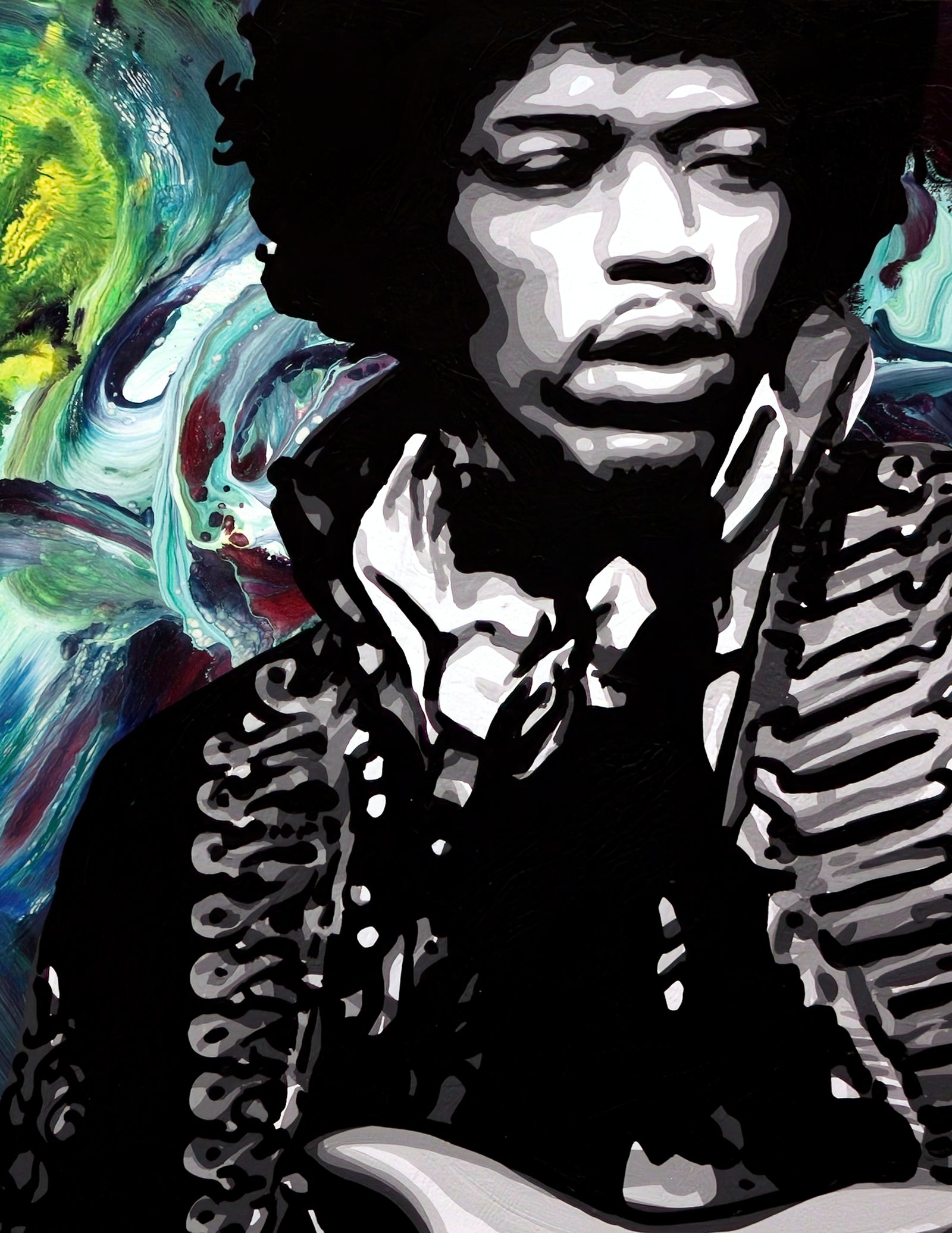 A black and white painting of Jimi Hendrix wearing a military jacket against a green and teal swirl background