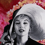 A painting of Marilyn Monroe wearing a large white sun hat against a red and gold swirl background