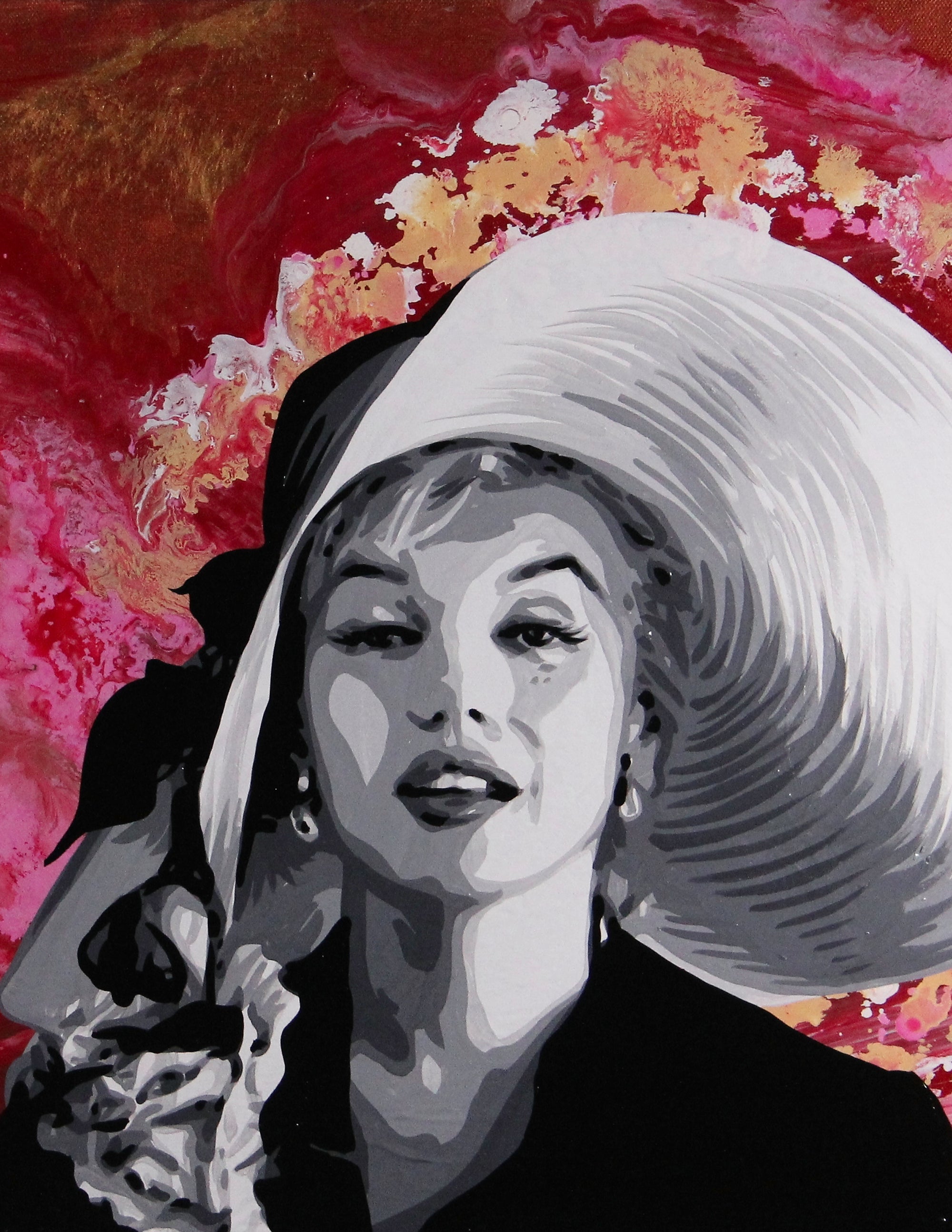 A painting of Marilyn Monroe wearing a large white sun hat against a red and gold swirl background