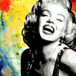 A painting of Marilyn Monroe laughing joyfully with her head tilted back against a red, yellow, and blue background