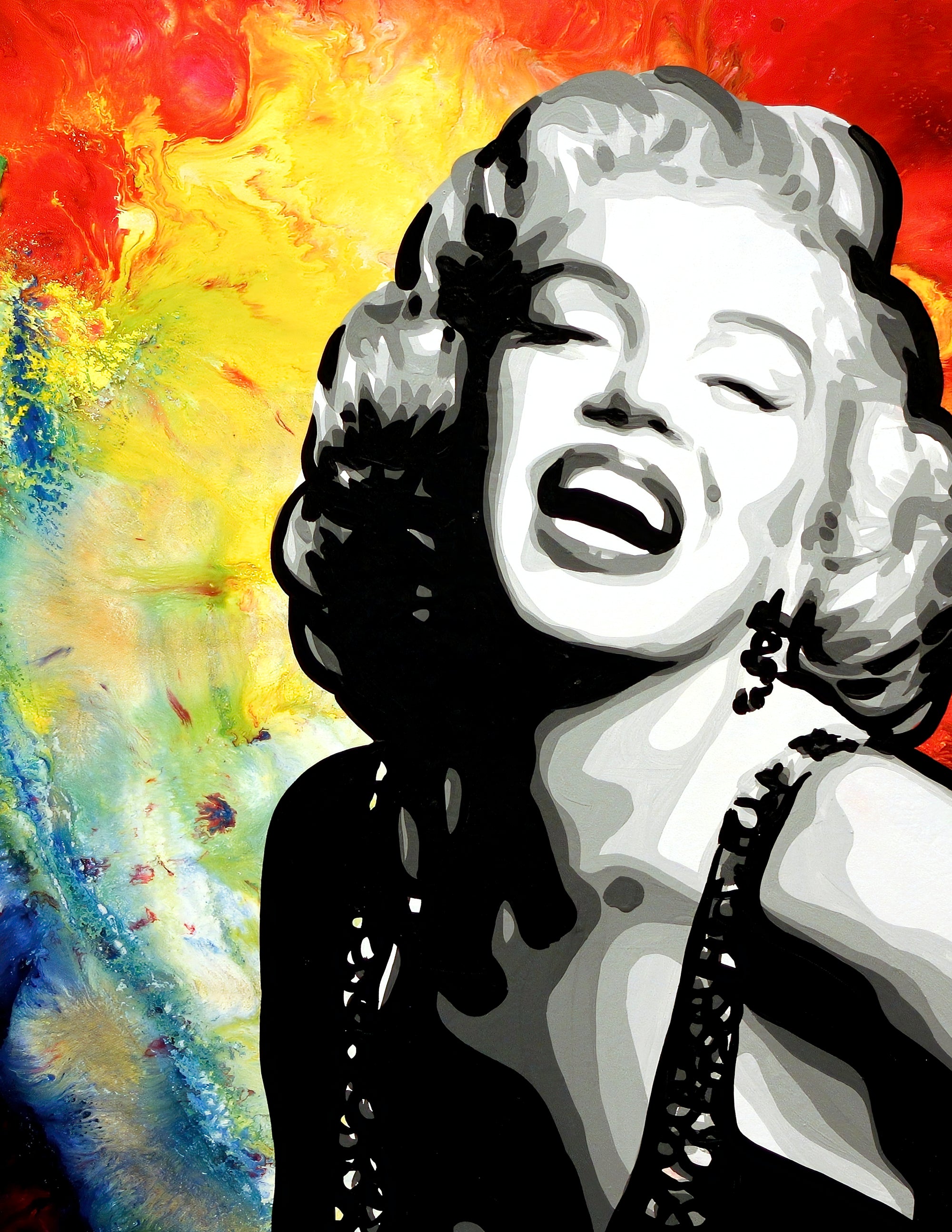 A painting of Marilyn Monroe laughing joyfully with her head tilted back against a red, yellow, and blue background