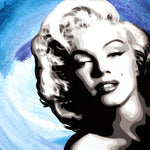 A painting of Marilyn Monroe with her eyes closed in a sultry pose against a blue swirl background