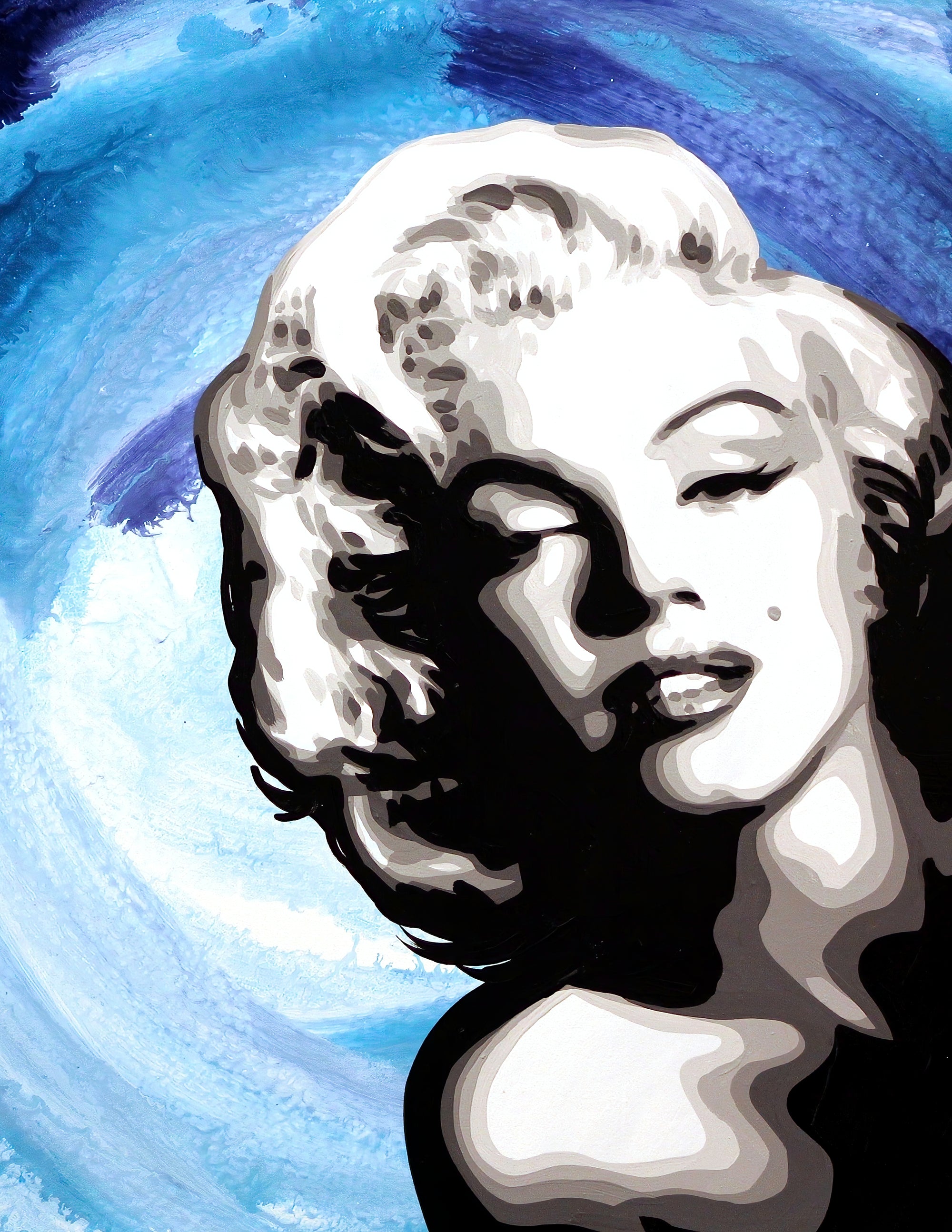 A painting of Marilyn Monroe with her eyes closed in a sultry pose against a blue swirl background