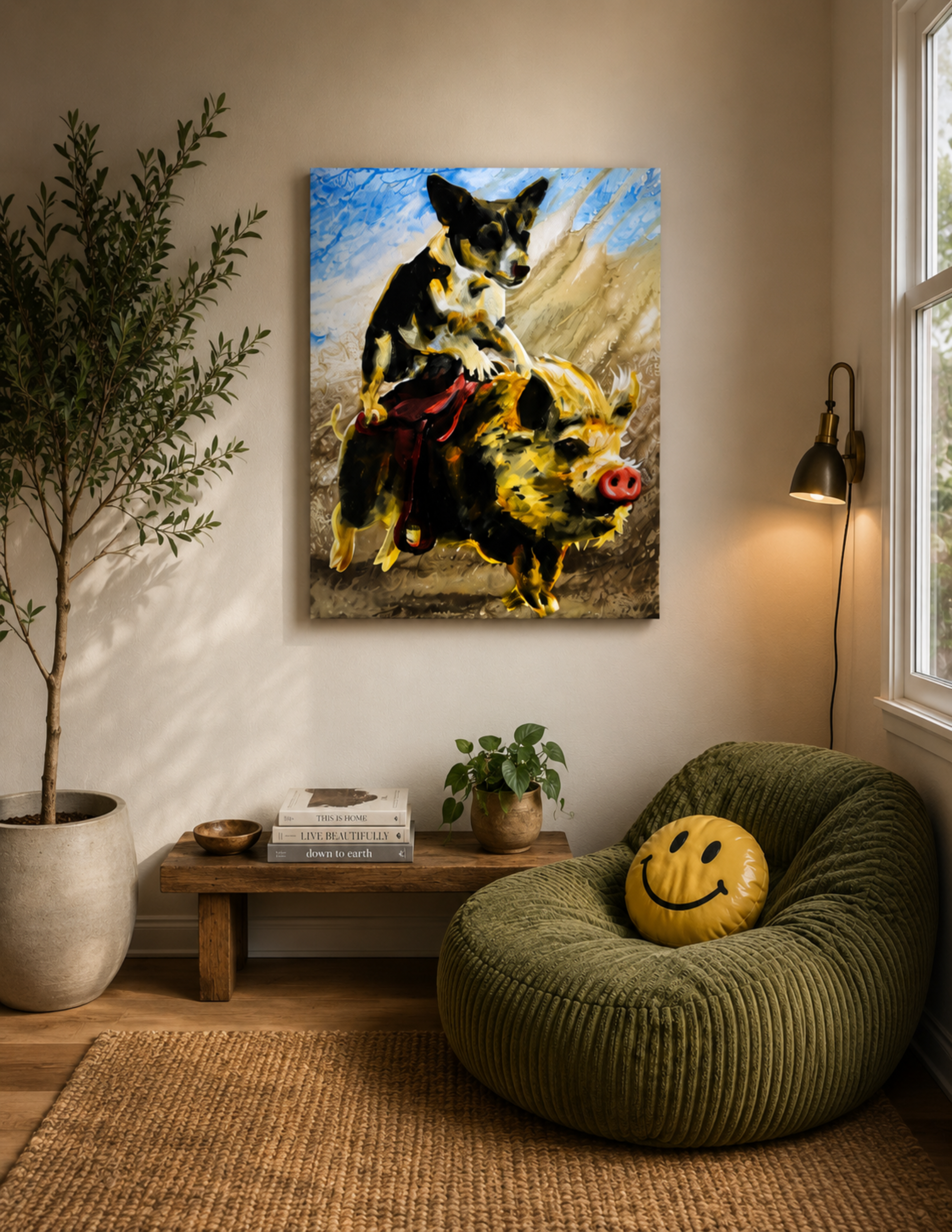Boston Terrier Riding a Pig by Ocean Clark shown as a canvas print, a New Orleans art piece displayed on a wall