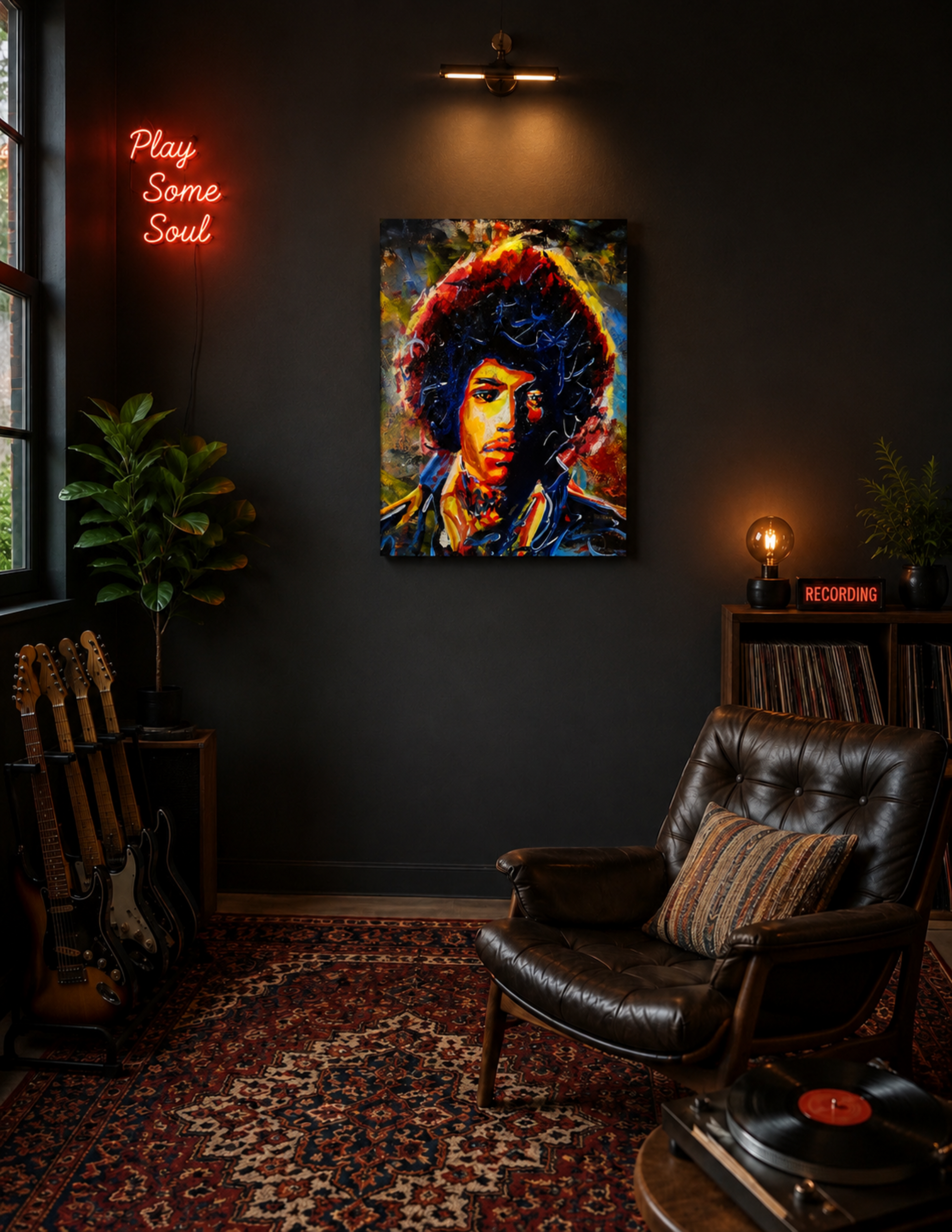 Jimi Hendrix Psychedelic by Ocean Clark shown as a canvas print, a New Orleans art piece displayed on a wall
