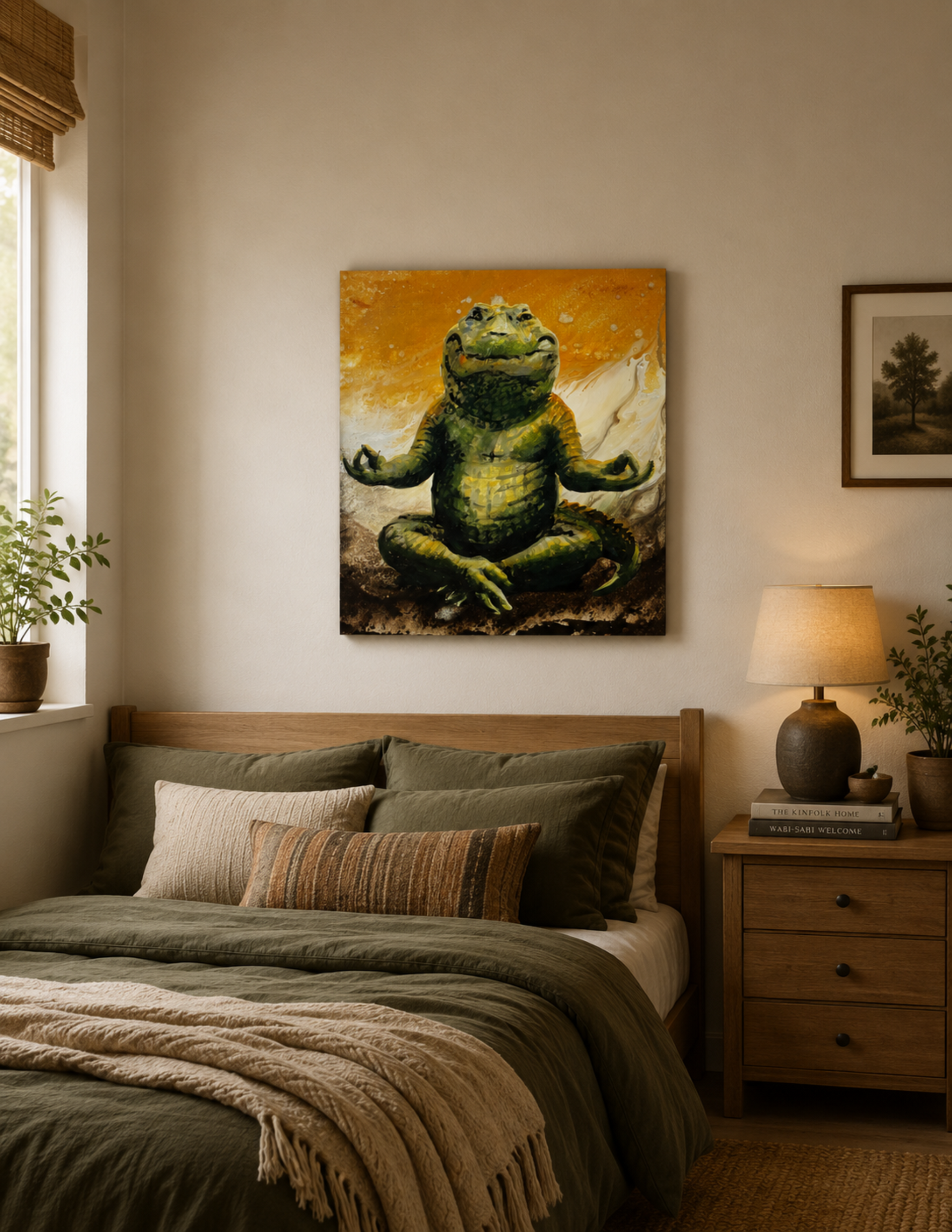 Alligator Doing Yoga by Ocean Clark shown as a canvas print, a New Orleans art piece displayed on a wall